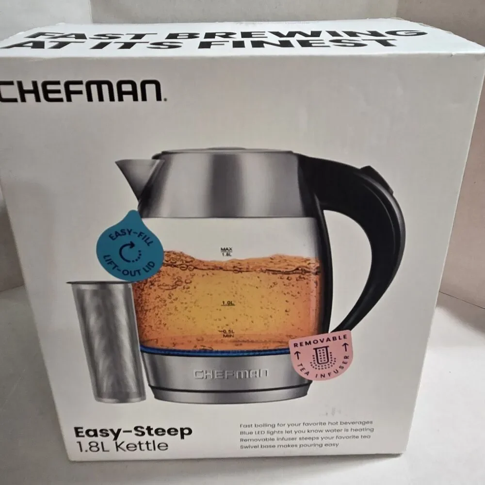Chefman 1.8L cordless glass electrical kettle removable tea infuser included